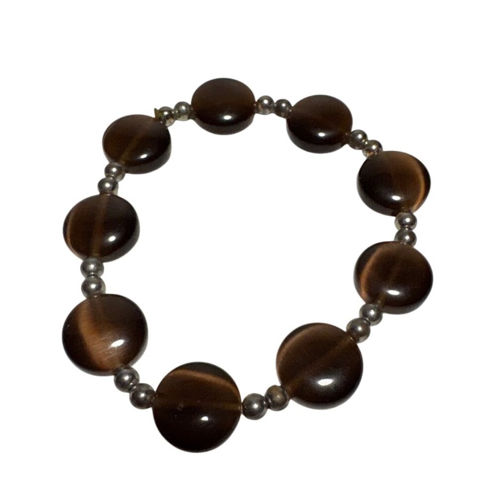 Stretch Bracelet Tigers Eye & Silver Tone Beaded Flat Stones